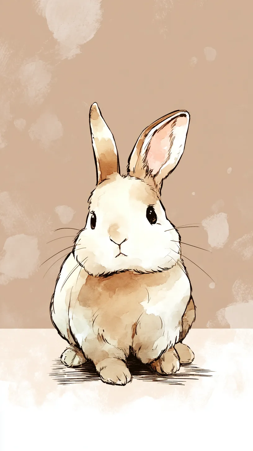 かわいい動物壁紙 リアルうさぎ｜淡いベージュ背景に描かれた写実的なうさぎが柔らかな水彩調で表現されたかわいい動物壁紙。ふっくらとした毛並みとつぶらな瞳が温かさを感じさせ、静かな余白が存在感を際立たせている。