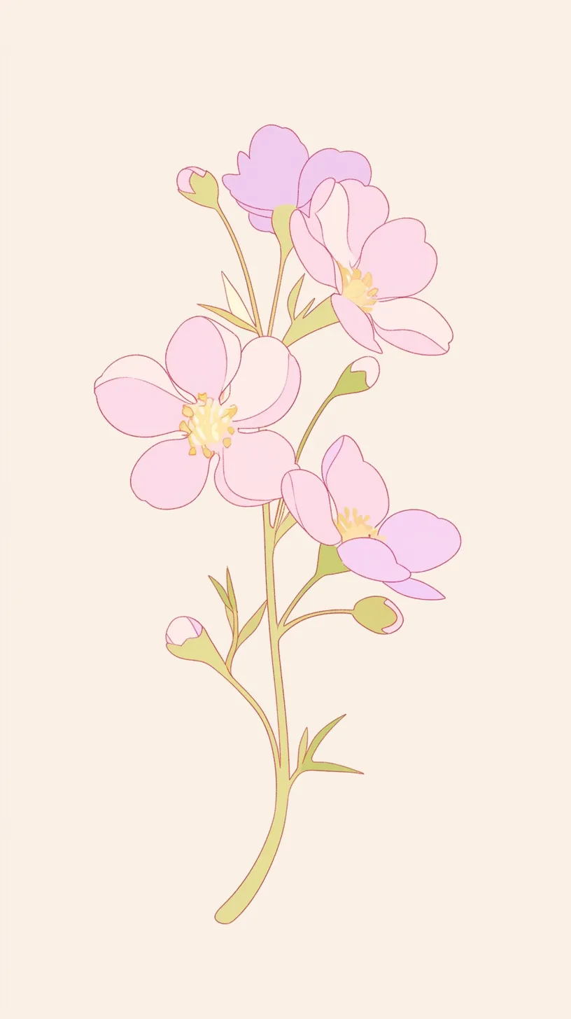 ピンク花壁紙 線の静謐｜白地に咲くピンク花を繊細な線で描いた壁紙。余白を生かした構図が清らかで、花弁の柔らかな曲線が穏やかな静けさを漂わせる仕上がり。