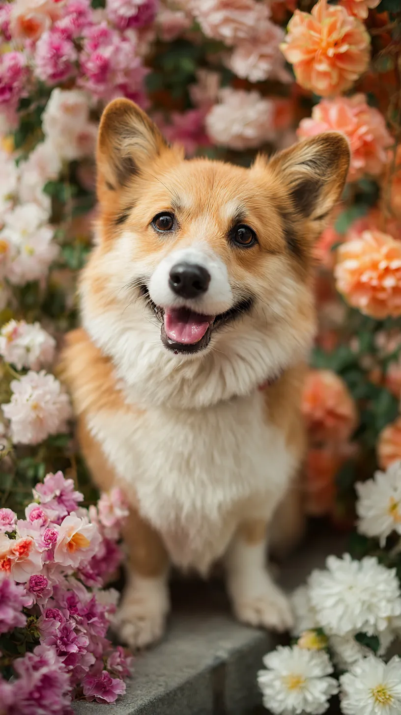 おしゃれ犬壁紙 花に囲まれて｜満開の花々の中で笑顔を見せるおしゃれ犬が壁紙に映え、柔らかな光と華やかな彩りが調和する。幸福感が画面いっぱいに広がる。