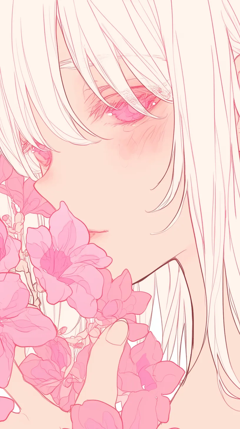 ピンク花壁紙 筆触の彩り｜筆跡を生かして描かれた花が印象的なピンク花壁紙。赤と白の対比が鮮烈で、絵画的なタッチが力強さと軽やかさを同時に感じさせる。