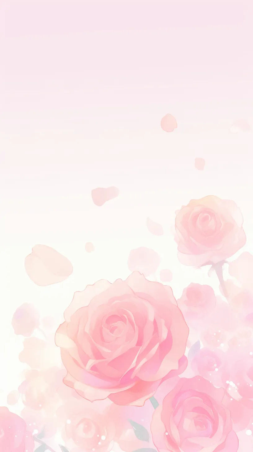 おしゃれバラ壁紙の花霞｜淡いピンクの花々が霞むように広がるおしゃれバラ壁紙。散る花びらや透けるような重なりが柔らかな空気感を生み出す。透明感に満ちた優雅な広がりが印象的。