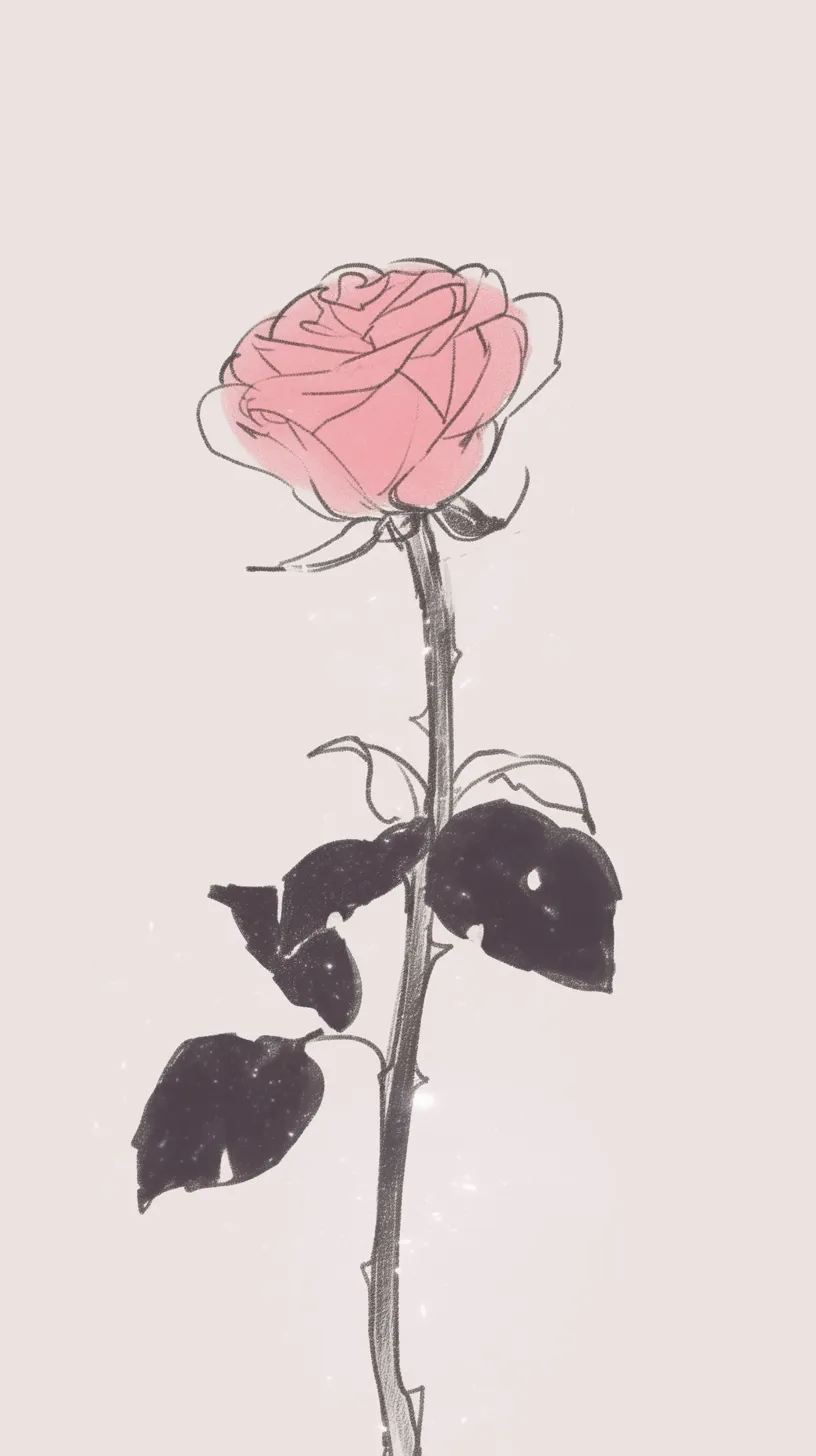 かっこいいバラ壁紙の一輪｜柔らかなタッチで描かれたかっこいいバラ壁紙。淡い背景に赤みを帯びた花弁が際立ち、黒い葉と茎の対比が花の存在感をより強調する。儚さと力強さを併せ持つ。