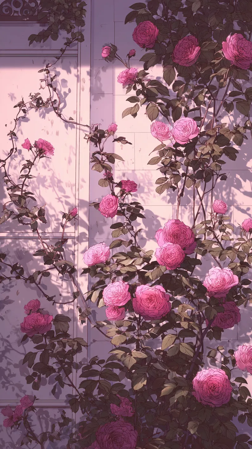 かっこいいバラ壁紙の蔦影｜壁に沿って伸びる蔦が花を咲かせるかっこいいバラ壁紙。斜めに差し込む光が影を落とし、鮮やかな花弁と建物の質感が調和し、静謐で上品な情景を描く。