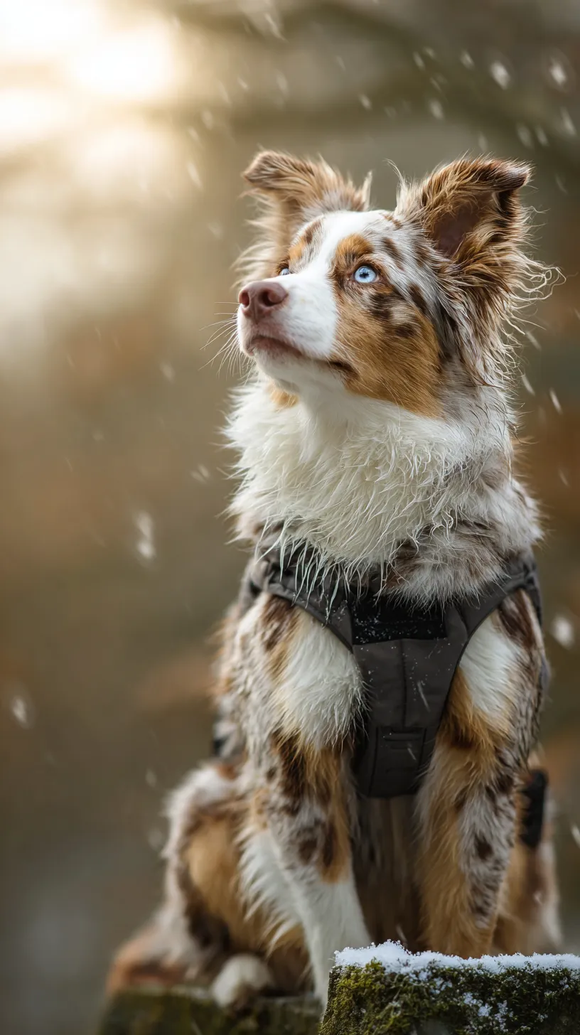 おしゃれ犬壁紙 雪に濡れて｜雪に濡れながら見上げるおしゃれ犬が壁紙に描かれ、濡れた毛並みと青い瞳が凛とした雰囲気を放つ。冷たい空気感が強調された一枚。
