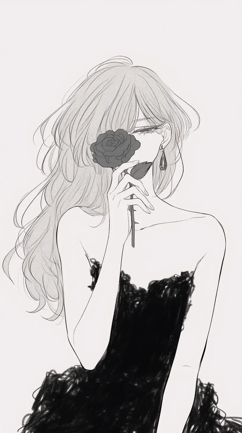 黒バラ壁紙の微笑み｜黒バラを片目にかざす女性が描かれた壁紙。揺れる髪と黒いドレスが調和し、花と人物が一体となる幻想的な雰囲気を放つ。