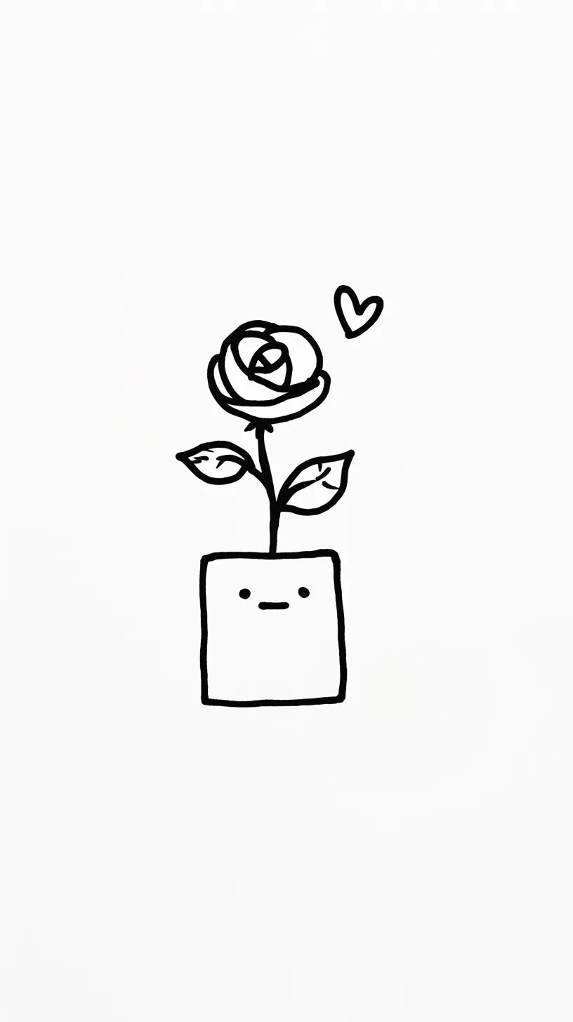 黒バラ壁紙の小さな恋｜鉢植えから伸びる黒バラが描かれた壁紙。シンプルな線とハートの意匠が可愛らしく、親しみやすい温かみを漂わせる。