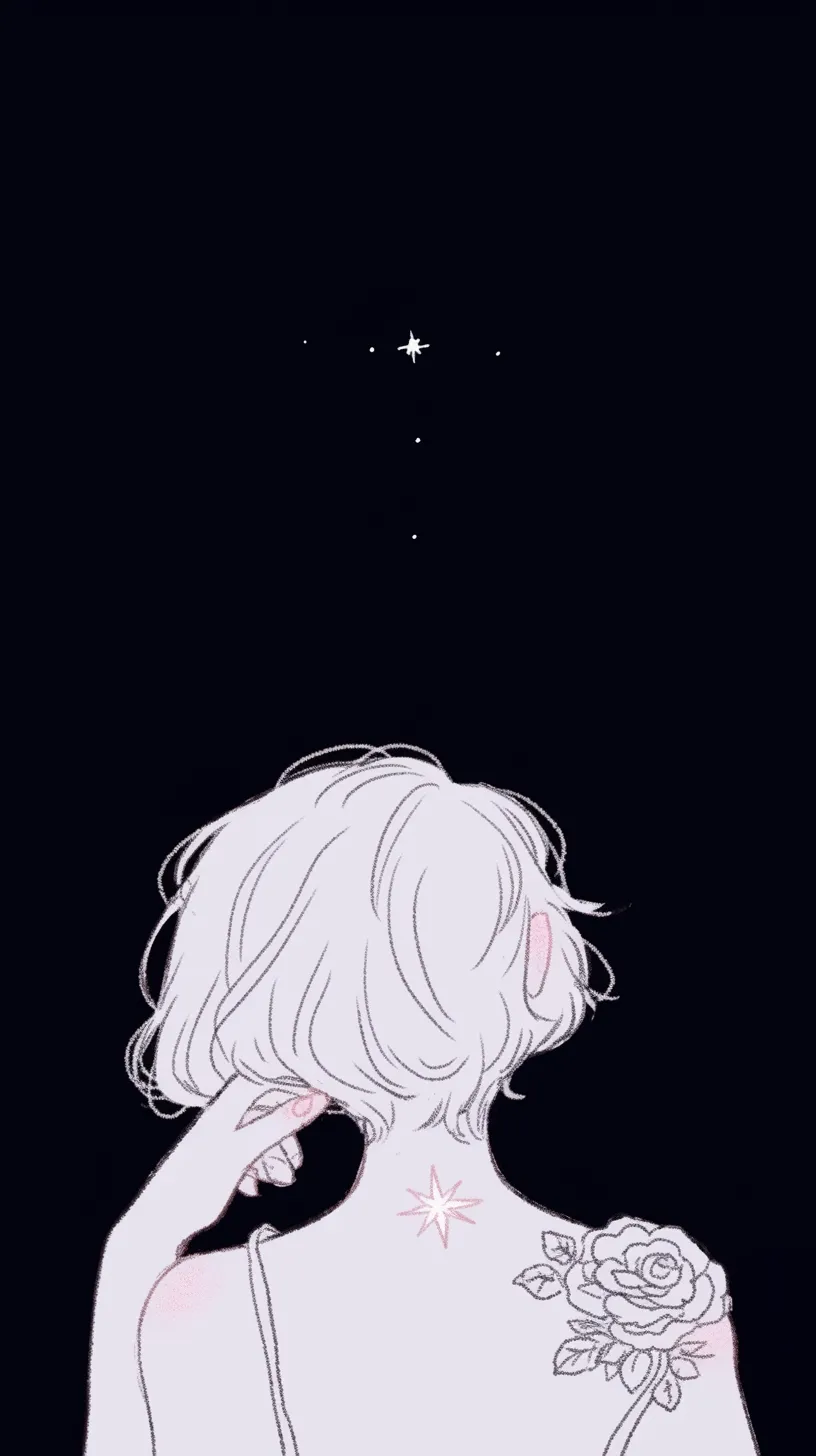 黒バラ壁紙の星待ち｜黒バラのタトゥーを背負う女性が星空を見上げる壁紙。夜の闇に浮かぶ白い髪と星の光が、花紋様の静かな強さを際立てている。