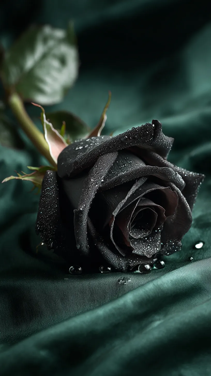 黒バラ壁紙の滴音｜黒バラの花弁に水滴が宿る壁紙。深緑の布に落ちる滴が静寂を響かせ、花が秘めた強さと脆さを同時に映し出している。