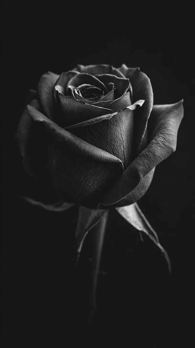 黒バラ壁紙の孤影｜黒バラが黒の背景に浮かぶ壁紙。花弁の質感が際立ち、孤高の存在感を放ちながら観る者を深い闇へ誘う仕上がりとなっている。