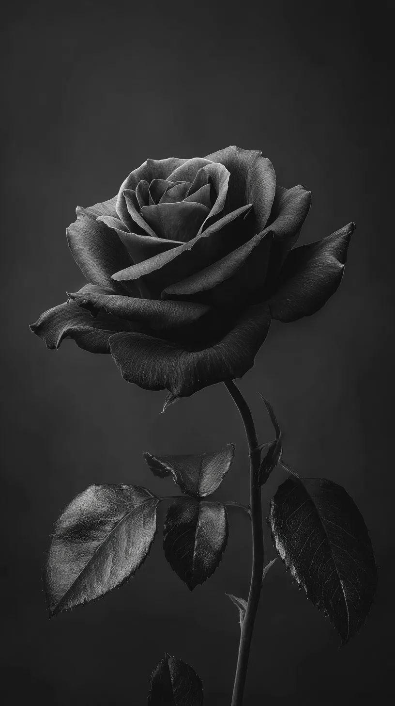 黒バラ壁紙の深夜詩｜黒の中に黒バラが佇む壁紙。葉脈や花弁の質感が精緻に描かれ、静謐でありながら力強い詩的な空気を漂わせている。