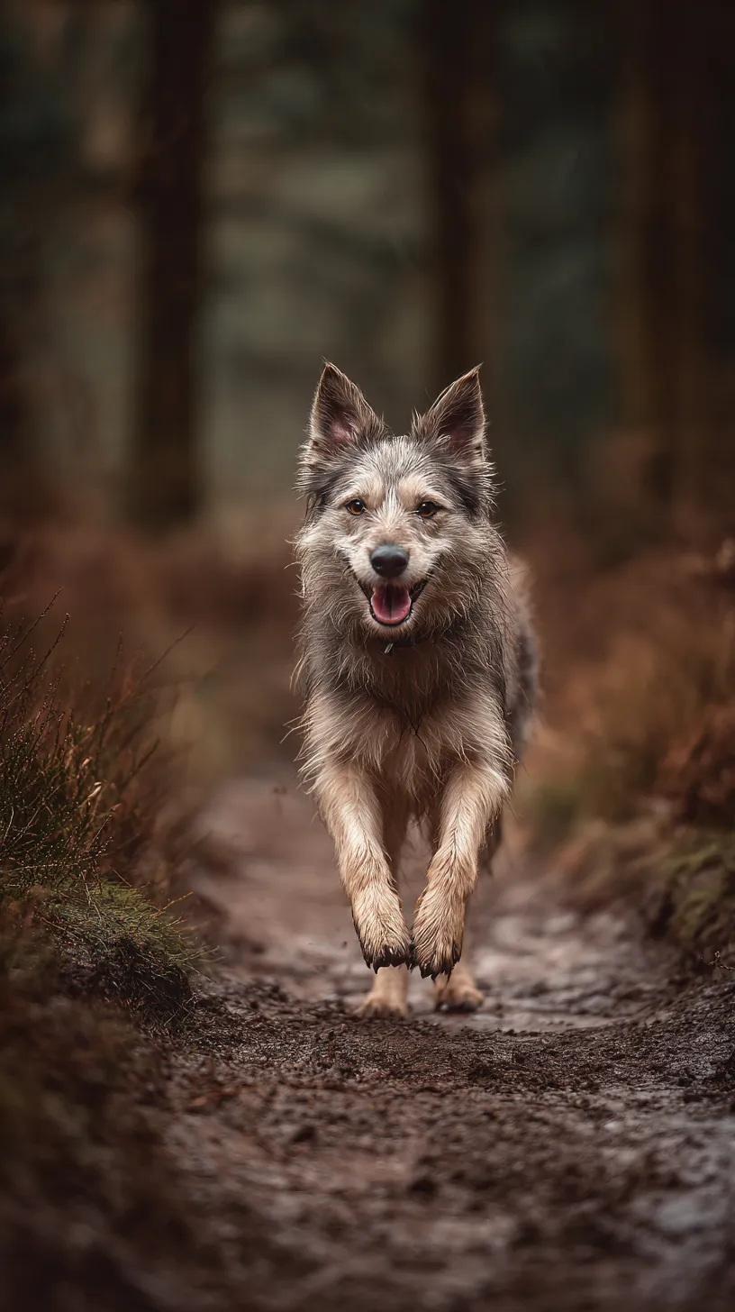 おしゃれ犬壁紙 森を駆ける｜泥に濡れた足で森を駆けるおしゃれ犬が壁紙に迫力を与える。背景の奥行きと疾走感が躍動を強調し、自然の力強さを感じさせる構図。