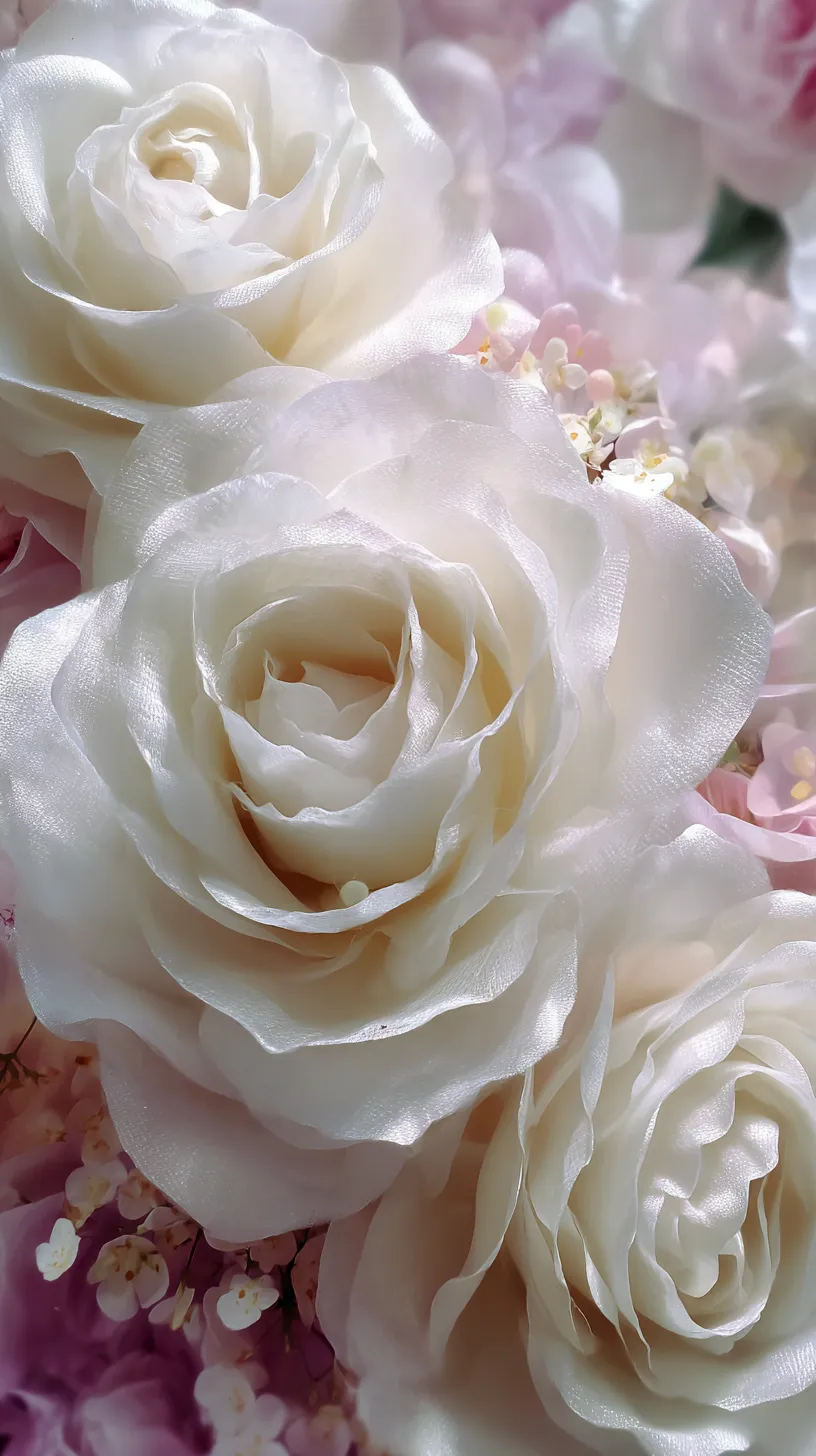 白バラ壁紙の夢幻模様｜絹のような質感を持つ白バラが、幻想的なピンクの花々と調和する壁紙。淡い色彩の層が夢のような奥行きを感じさせる。