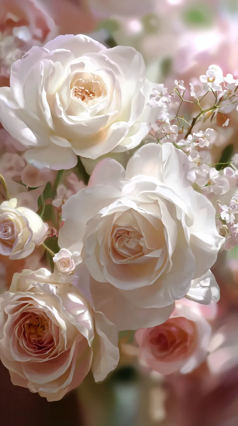 白バラ壁紙の柔らかな息吹｜白バラの花弁が淡い光を反射し、ピンクの小花と共にふんわり広がる壁紙。透明感と温かさが同居する柔らかな雰囲気を漂わせる。