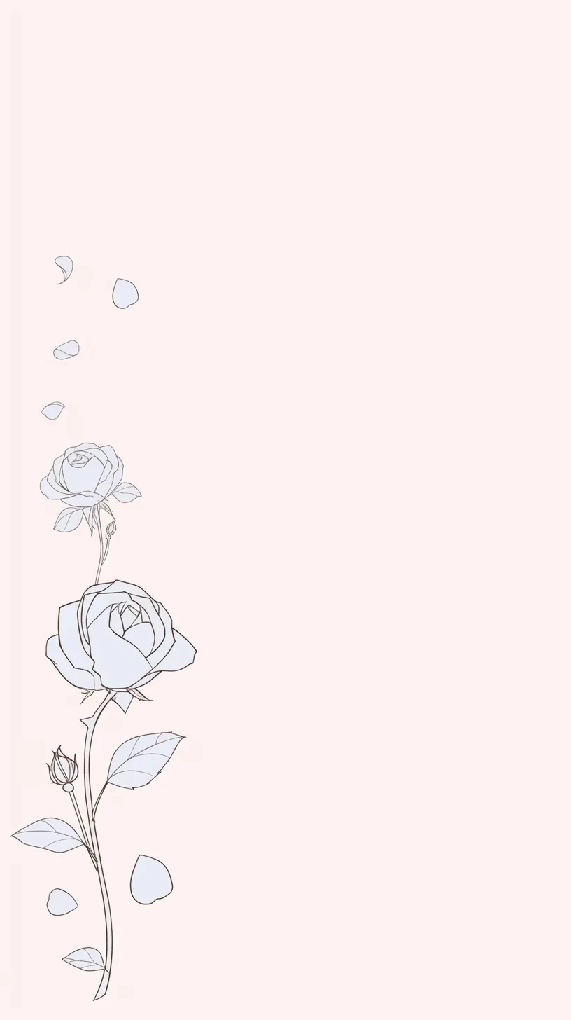 青バラ壁紙の余白詩｜淡いピンクの背景に青バラが線画で描かれた壁紙。花びらが舞う構図が静かな余韻を生み、儚さと透明感を印象的に表現している。