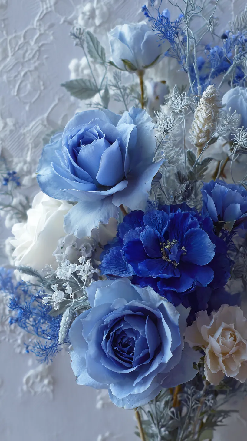 青バラ壁紙の静謐華｜青バラと白花が寄り添う壁紙。繊細な質感と涼やかな配色が清らかな空気を纏わせ、花々が一枚の調和を描き出している。