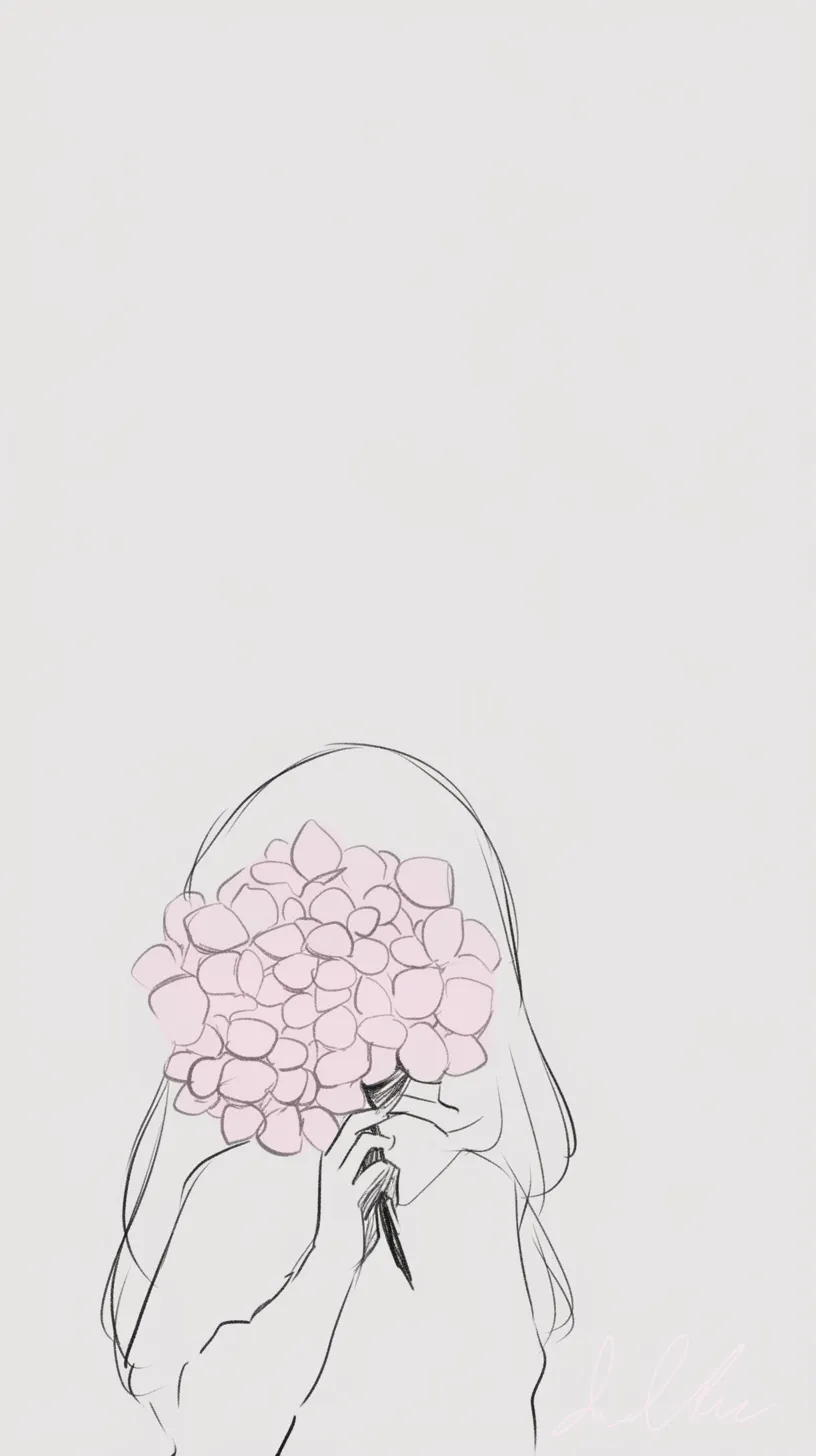紫陽花壁紙のやさしい隠れ顔｜白地に淡い線で描かれた人物がピンクの紫陽花を抱え、顔を隠すように配置された壁紙。花弁の柔らかさと余白の広がりが静かな余韻を生む。