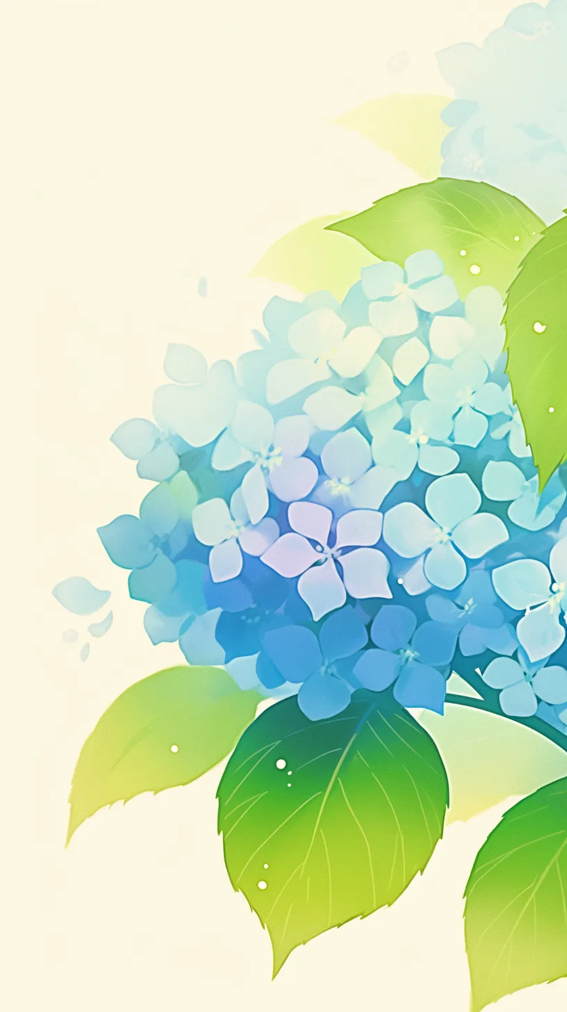 紫陽花壁紙の透きとおる青｜鮮やかな青と淡い紫が重なり合い、瑞々しい葉と共に描かれた紫陽花の壁紙。水彩のようなにじみが透明感を際立たせている。