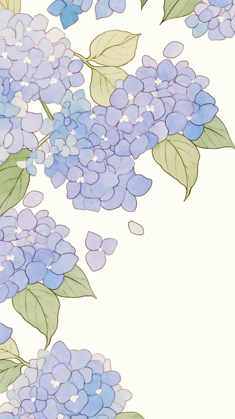 紫陽花壁紙の静かな連なり｜淡い紫の花房が並び、散る花びらが空間に漂う紫陽花の壁紙。柔らかな線画と落ち着いた色調が上品な流れを表現する。