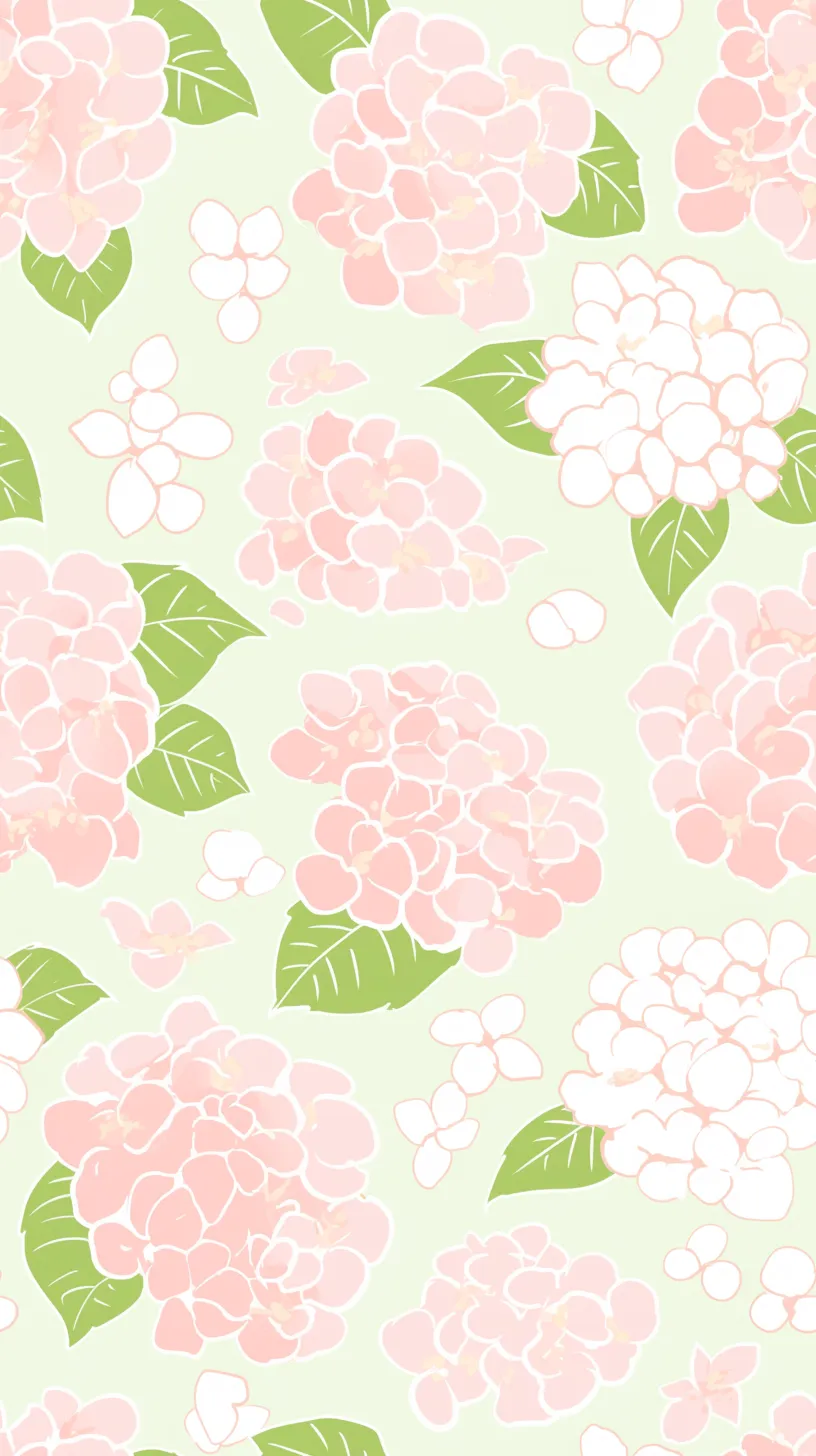 紫陽花壁紙の柔色パターン｜ピンクと白の紫陽花がリズミカルに配置された壁紙。輪郭の明瞭さと葉の鮮やかな緑が、軽やかな印象を与えている。