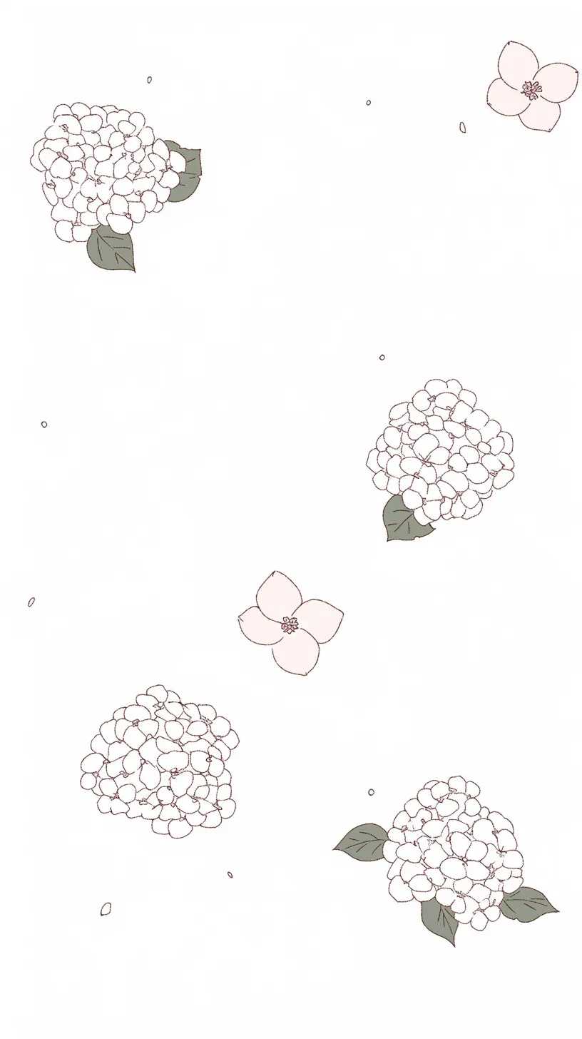 紫陽花壁紙の余白に舞う花｜線で描かれた小さな紫陽花が余白に散りばめられた壁紙。シンプルな構成が、漂う花弁の儚さを際立たせている。