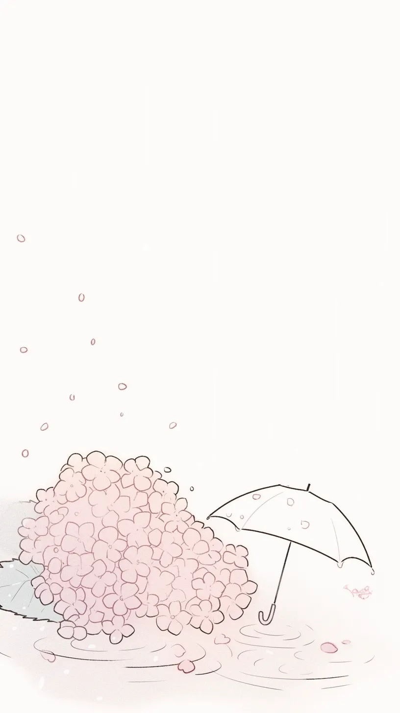 紫陽花壁紙の雨音と傘｜雨に濡れる紫陽花の横に傘が置かれた壁紙。淡いピンクと水面の波紋が、静かな雨音を感じさせる叙情的な表現となっている。