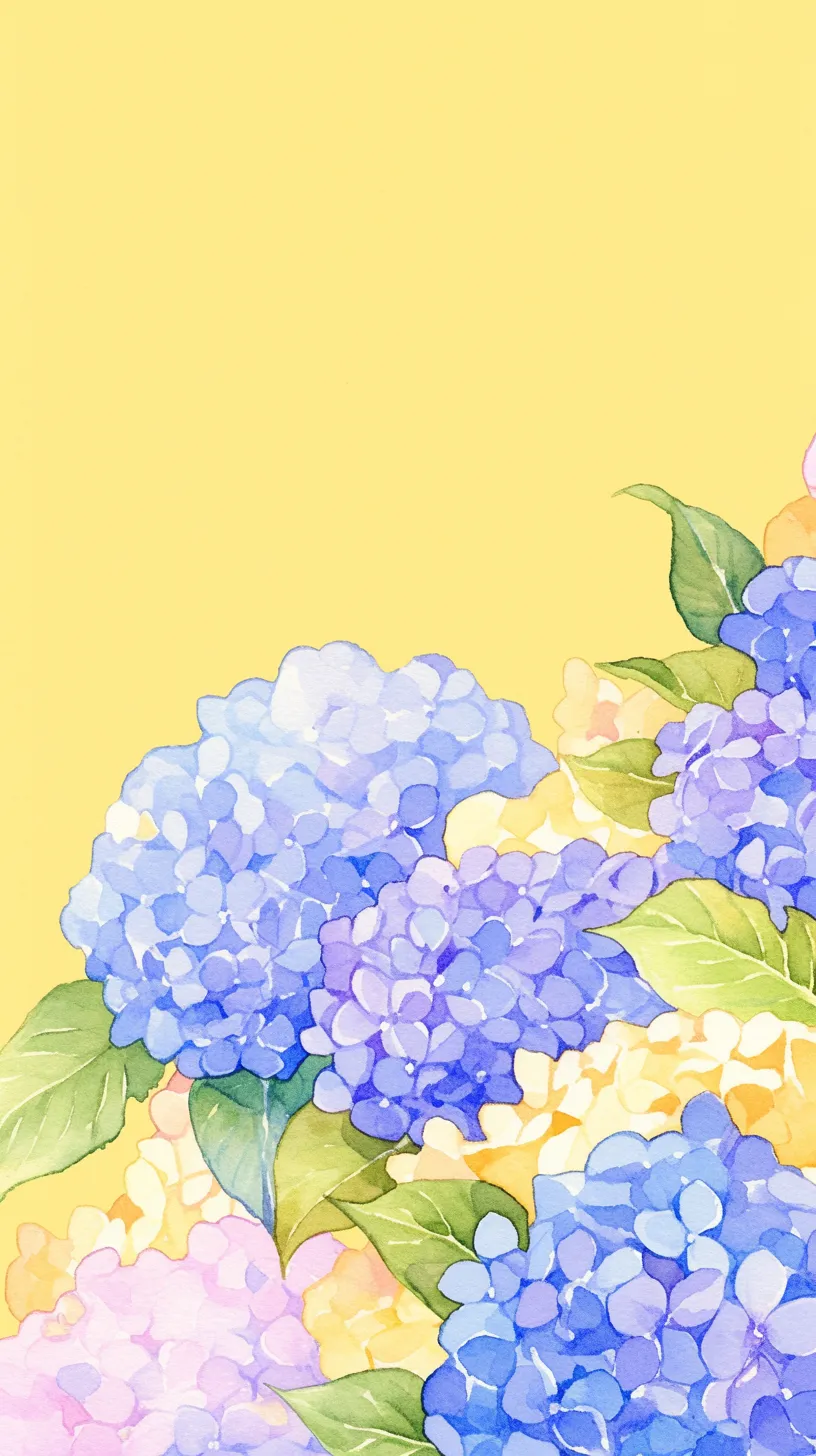 紫陽花壁紙の夏色の輝き｜鮮やかな黄色を背景に青や紫の紫陽花が咲く壁紙。明るい色彩の対比が季節の光を映し出し、華やかさを引き立てている。