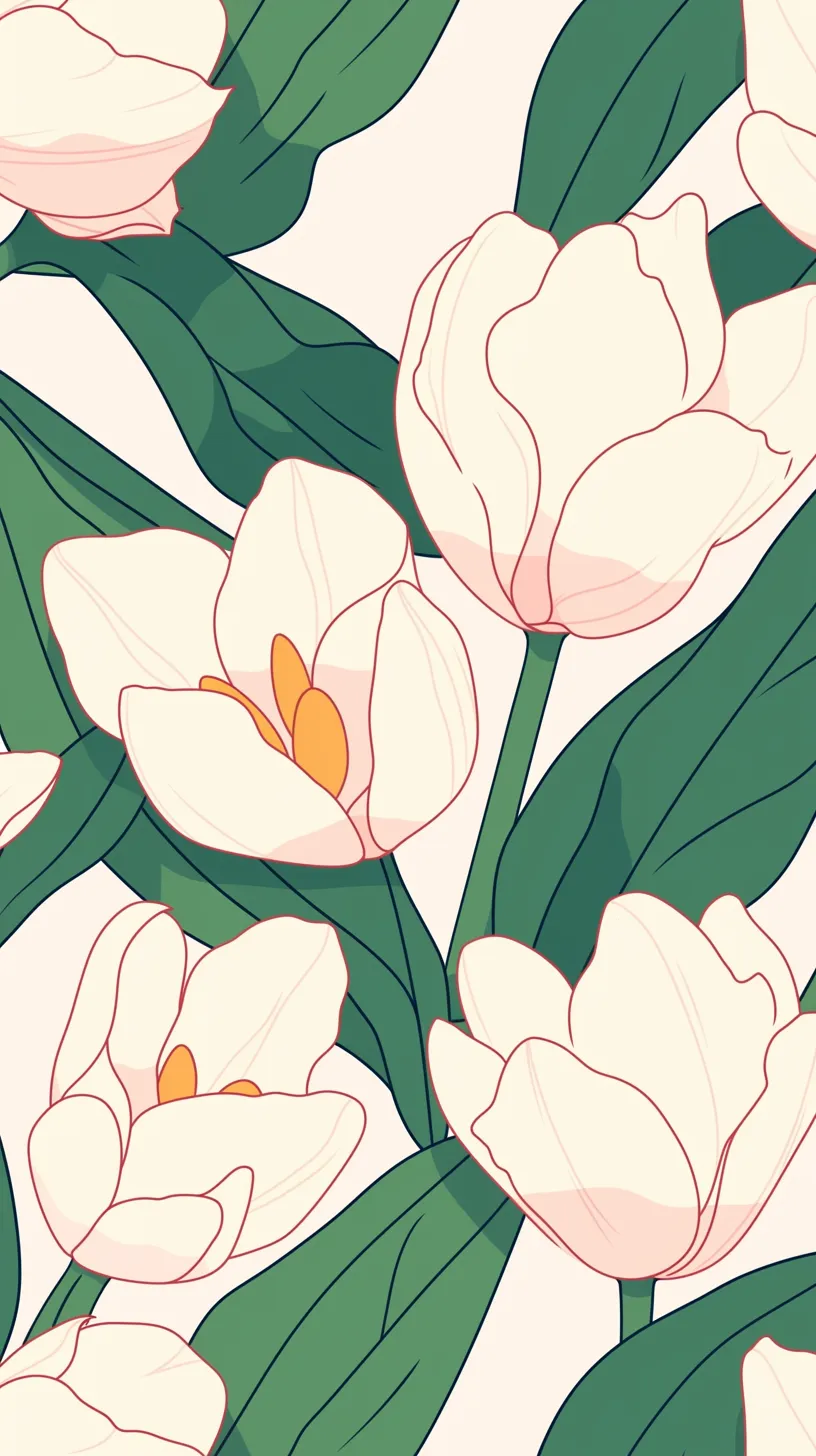 チューリップ壁紙の静謐｜白に近い柔らかな花弁のチューリップが大きく描かれ、濃緑の葉との対比が際立つ壁紙。線画の繊細さと彩色の淡さが調和し、落ち着きある雰囲気を放つ。整った構図が安らぎを誘い、静謐な印象を強めている。