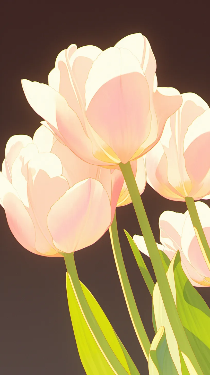 チューリップ壁紙の光彩｜光を浴びて透ける花弁が丁寧に描かれたチューリップが印象的な壁紙。淡いピンクと黄のグラデーションが柔らかな輝きを生み、背景の濃色との対比で浮かび上がる。立体感が際立ち、幻想的な雰囲気を漂わせる。