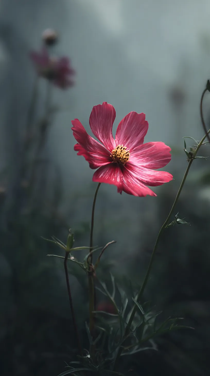 コスモス壁紙の孤影｜暗がりの中に赤みの花弁が際立つコスモスが描かれた壁紙。背景の静寂に溶け込むような色合いが一輪の存在感を際立たせ、深い余韻を残す。柔らかな光が陰影を引き立て、詩的で静謐な世界を作り出す。