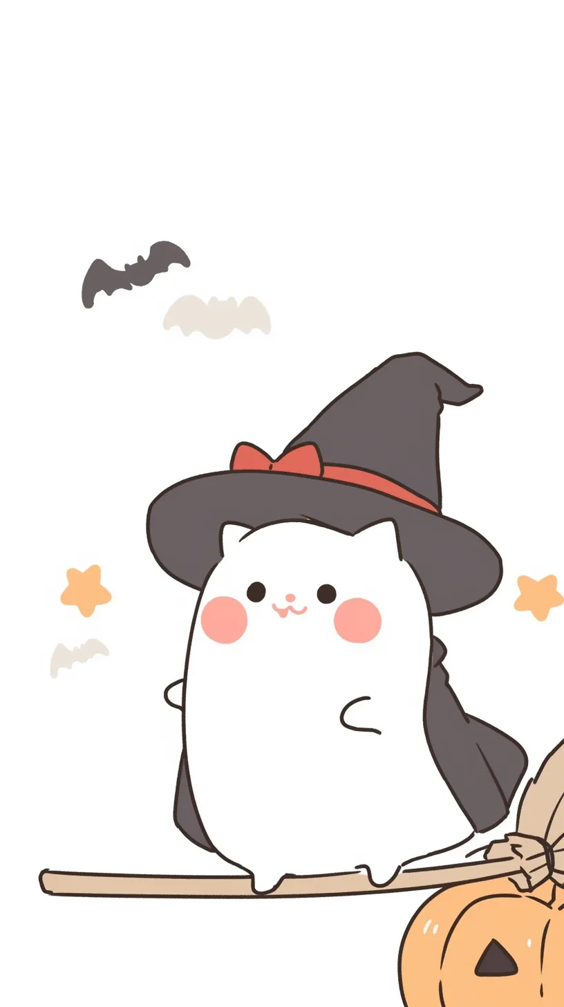かわいいハロウィン壁紙 魔女ねこ｜ほうきにまたがり飛ぶ白いねこが魔女帽子をかぶるかわいいハロウィン壁紙。コウモリや星が背景を彩り、にっこりとした表情が温かくユーモラスな雰囲気を生んでいる。