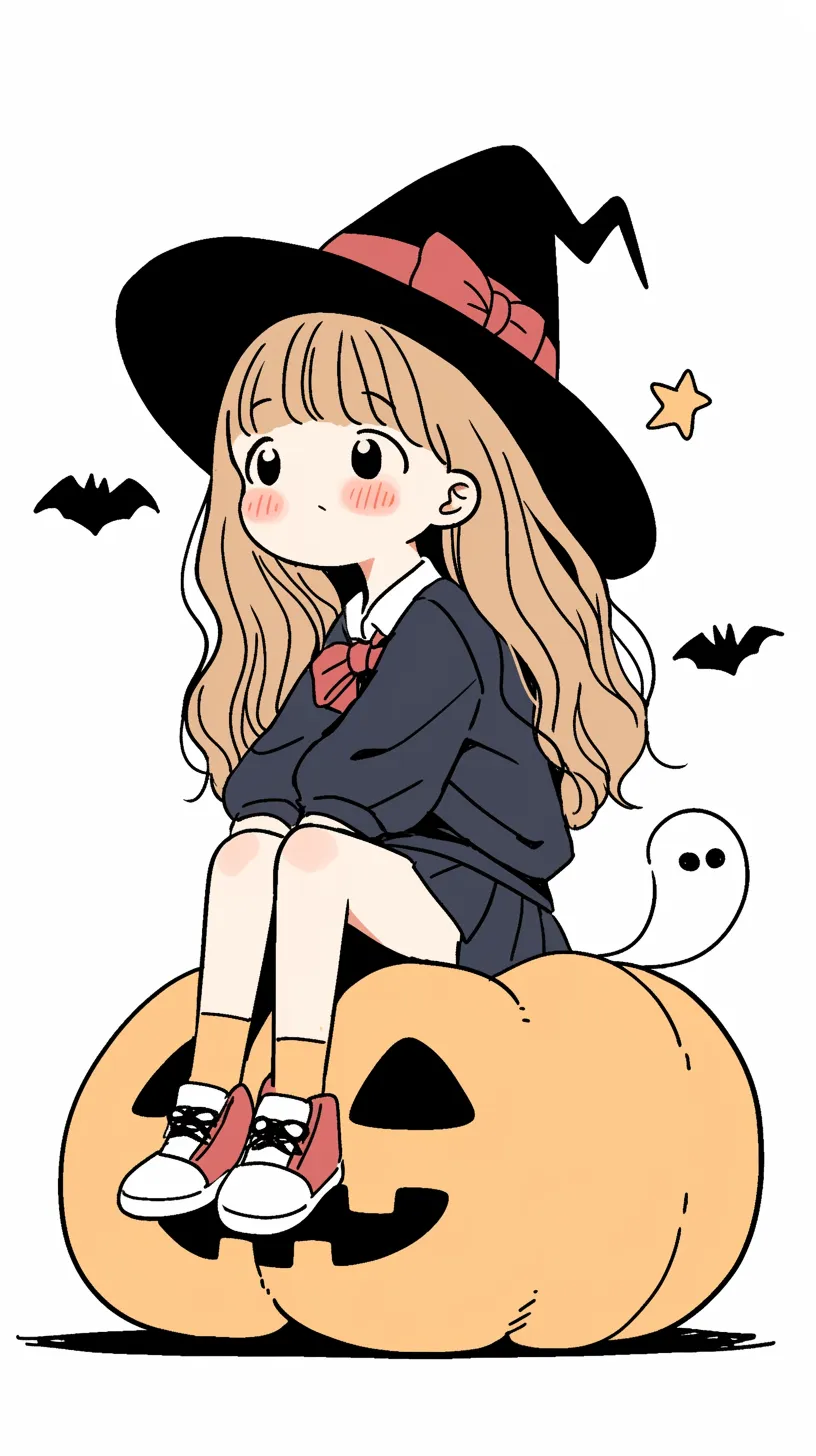 かわいいハロウィン壁紙 星とリボン魔女｜リボン付きの魔女帽子をかぶった少女がかぼちゃに座るかわいいハロウィン壁紙。周囲を飛ぶコウモリや星の装飾が夜空の雰囲気を醸し出し、少女の無垢な表情と調和している。