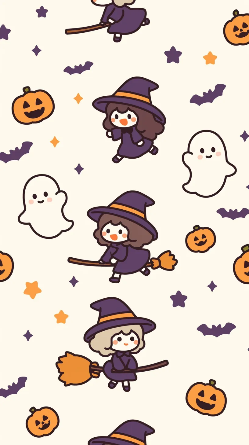 かわいいハロウィン壁紙 ちび魔女たち｜小さな魔女たちがほうきに乗ったり走ったりするかわいいハロウィン壁紙。かぼちゃやオバケがリズミカルに散りばめられ、ポップで楽しげな模様が全面を賑やかに飾っている。