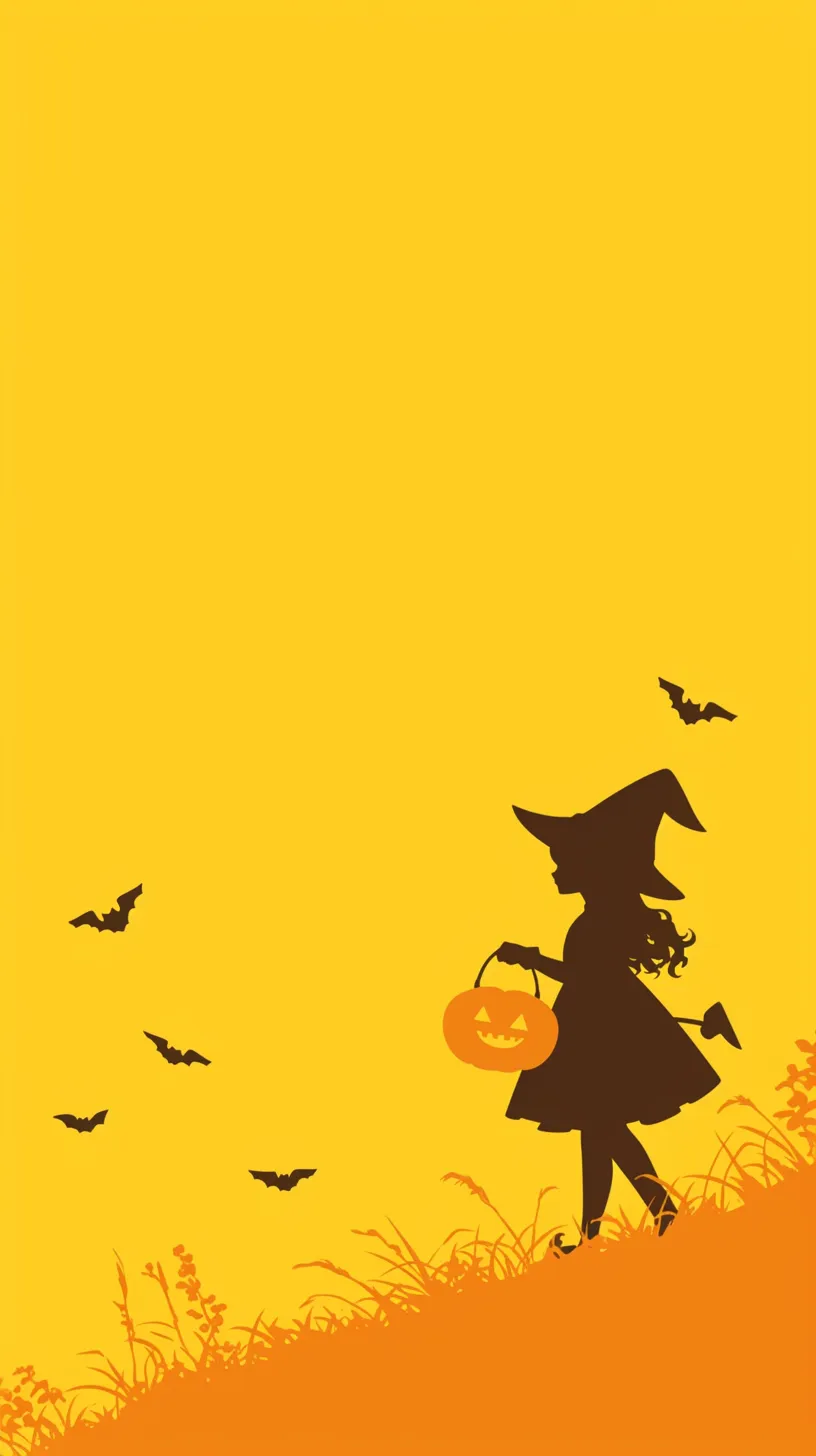 かわいいハロウィン壁紙 黄昏シルエット｜夕暮れ色の背景に黒いシルエットで描かれた魔女とコウモリのかわいいハロウィン壁紙。ランタンを持つ姿が印象的で、シンプルな色使いが幻想的で落ち着いた雰囲気を漂わせている。