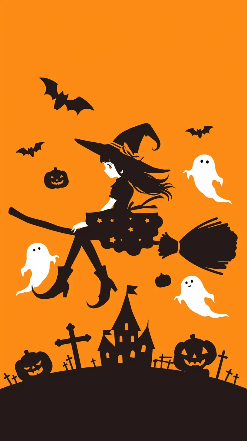 かわいいハロウィン壁紙 ほうきに乗る魔女｜星模様のスカートを翻しながら空を飛ぶ魔女が描かれたかわいいハロウィン壁紙。背景のオレンジと黒のコントラストにゴーストやかぼちゃが浮かび、ハロウィンらしいにぎやかさを強調している。