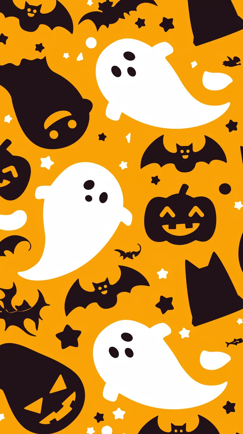 かわいいハロウィン壁紙 オバケ模様｜白いオバケや黒いコウモリが散りばめられたかわいいハロウィン壁紙。かぼちゃの笑顔や星の形がアクセントとなり、明るいオレンジ背景に楽しいお祭り気分を感じさせるデザインになっている。