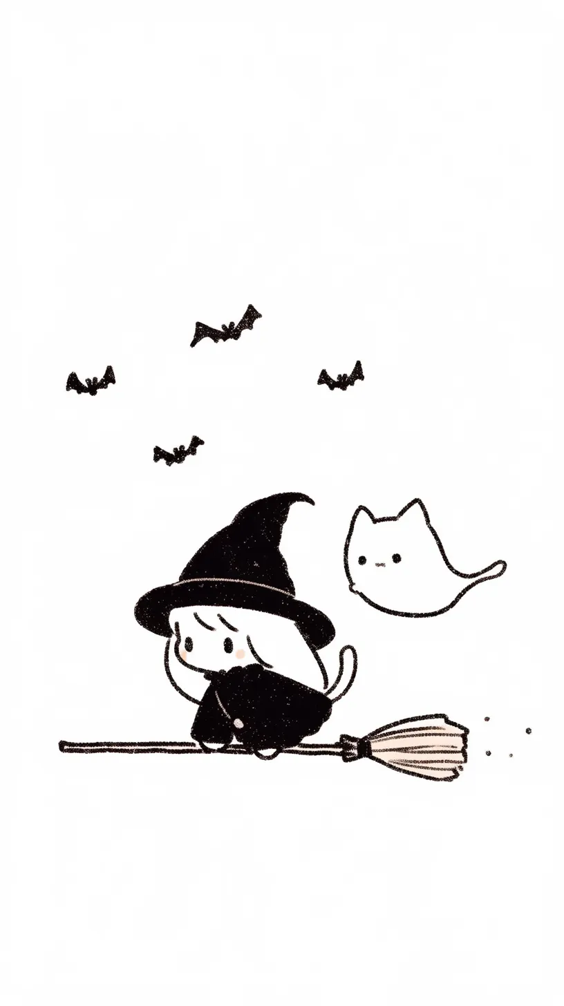 おしゃれハロウィン壁紙 魔女とおばけ｜ほうきに乗った小さな魔女とおばけ猫が描かれたおしゃれハロウィン壁紙。モノクロの線と控えめな色合いが可愛らしさと幻想的な雰囲気を同時に引き出している。