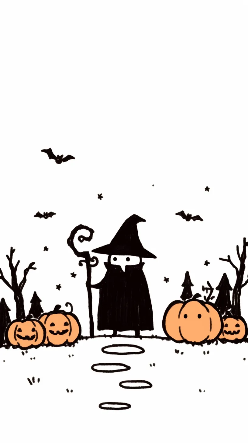 おしゃれハロウィン壁紙 魔法使いの森｜ランタンに囲まれた黒いローブの魔法使いが立つおしゃれハロウィン壁紙。カボチャやコウモリが散りばめられ、シンプルながらも不思議な夜の森の世界観を感じさせる。