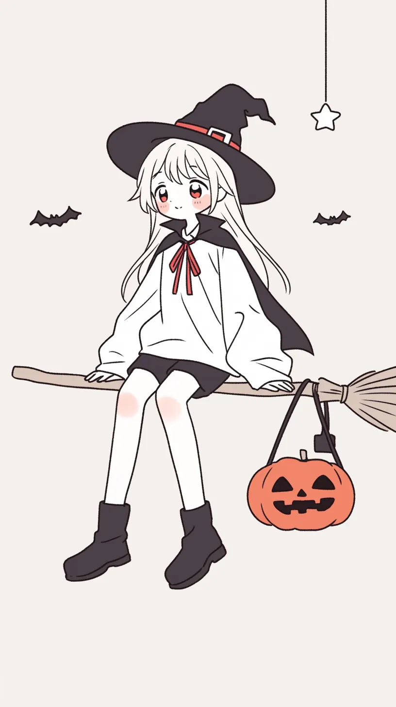おしゃれハロウィン壁紙 ほうきに座る少女｜魔女帽子と赤いリボンが印象的な少女がほうきに腰掛けるおしゃれハロウィン壁紙。かぼちゃのバケツやコウモリ、星の装飾が可憐な雰囲気を強調し、柔らかな色彩でまとめられている。