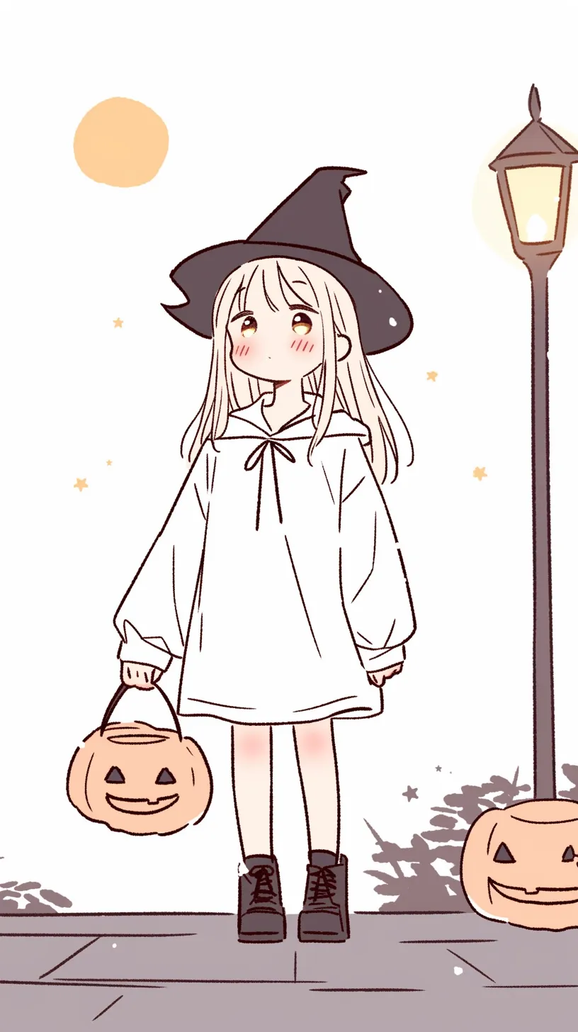 おしゃれハロウィン壁紙 灯りと少女｜街灯の下に立つ魔女姿の少女がかぼちゃのランタンを持つおしゃれハロウィン壁紙。優しいオレンジの光が夜空に映え、シンプルな線画が幻想的で温かい雰囲気を漂わせている。