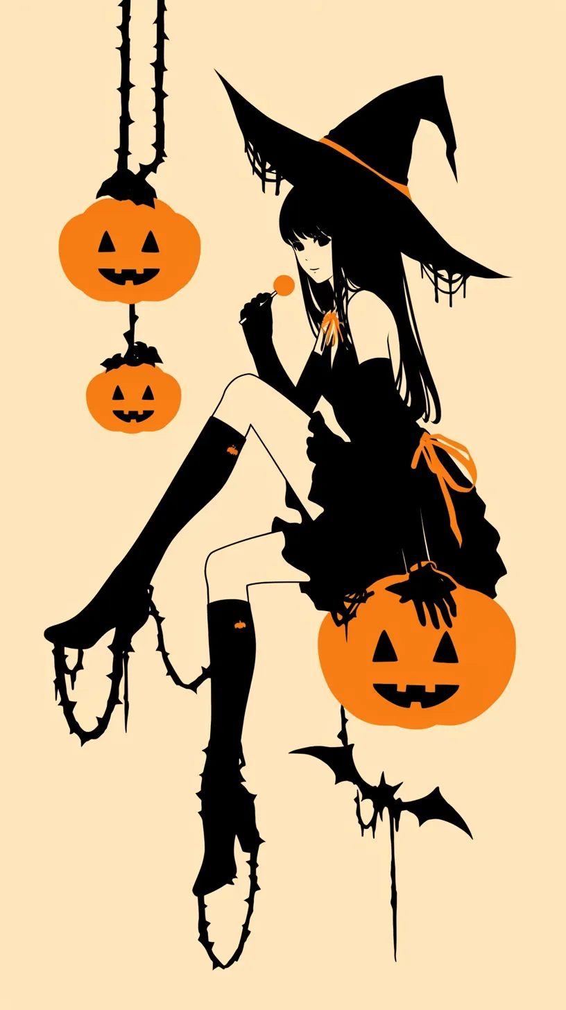 おしゃれハロウィン壁紙 黒魔女の装い｜シルエット風に描かれた魔女がランタン型のかぼちゃに腰掛けるおしゃれハロウィン壁紙。長い脚線と繊細な黒の装飾が、スタイリッシュで妖艶な印象を与えている。