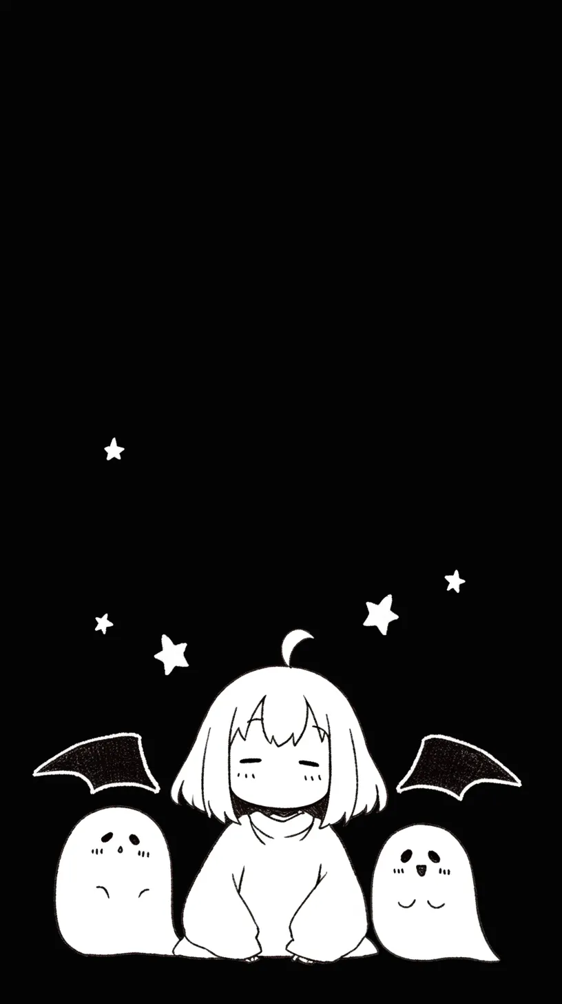 おしゃれハロウィン壁紙 ゴーストと少女｜黒背景に浮かぶ少女と二体のゴーストが描かれたおしゃれハロウィン壁紙。星々が夜空を彩り、シンプルな構成の中で白と黒のコントラストが鮮やかに映えている。