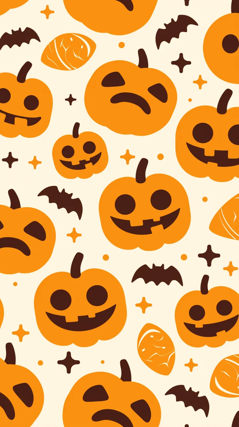 ハロウィンシンプル壁紙 かぼちゃ模様｜アイボリー地にオレンジのかぼちゃが表情豊かに並び、コウモリや星のモチーフが散りばめられたハロウィンシンプル壁紙。楽しげで賑やかな印象を与え、季節感をストレートに伝える親しみやすいデザイン。