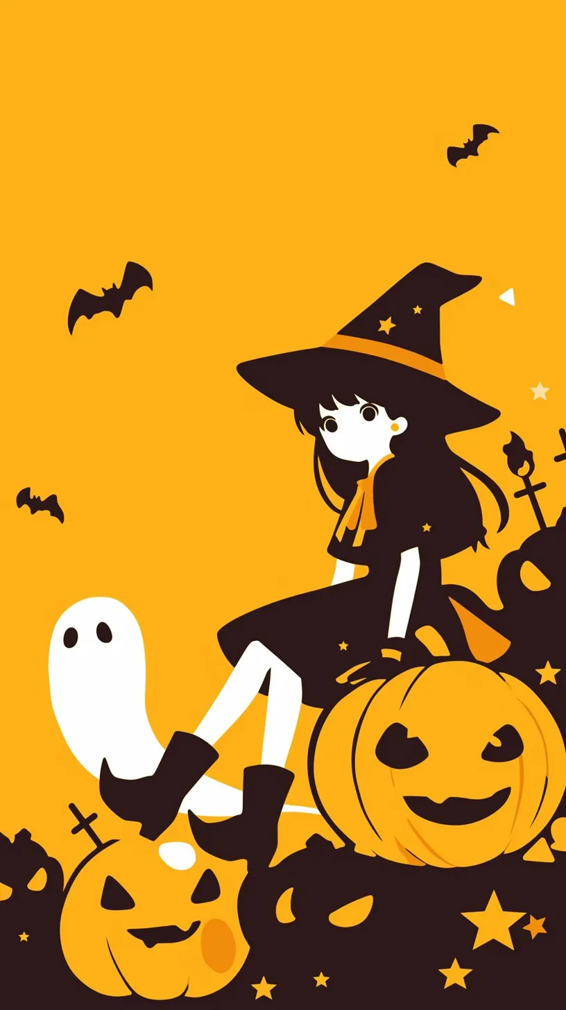 ハロウィンシンプル壁紙 魔女の少女｜オレンジの背景に魔女帽をかぶった少女がかぼちゃに腰かけ、周囲にはゴーストやコウモリが舞うハロウィンシンプル壁紙。黒とオレンジの対比が鮮やかで、ポップで可愛い雰囲気を演出している点が魅力。