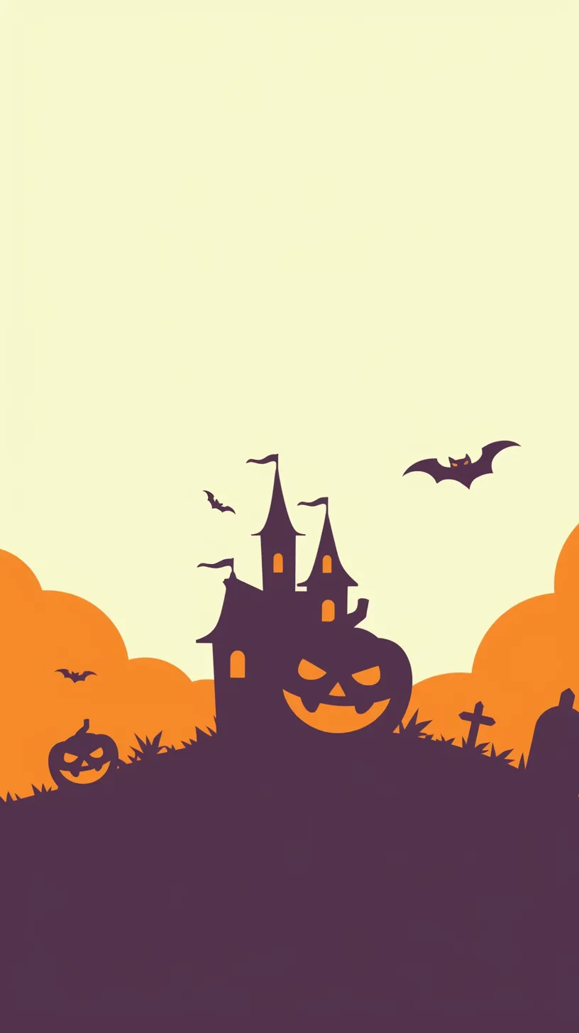 ハロウィンシンプル壁紙 屋敷の影｜淡い背景の中に浮かび上がる黒いシルエットの屋敷と、ジャック・オー・ランタンやコウモリが描かれたハロウィンシンプル壁紙。シンプルながらも不気味な雰囲気を醸し出し、静けさと怪しさが同居する表現が特徴。