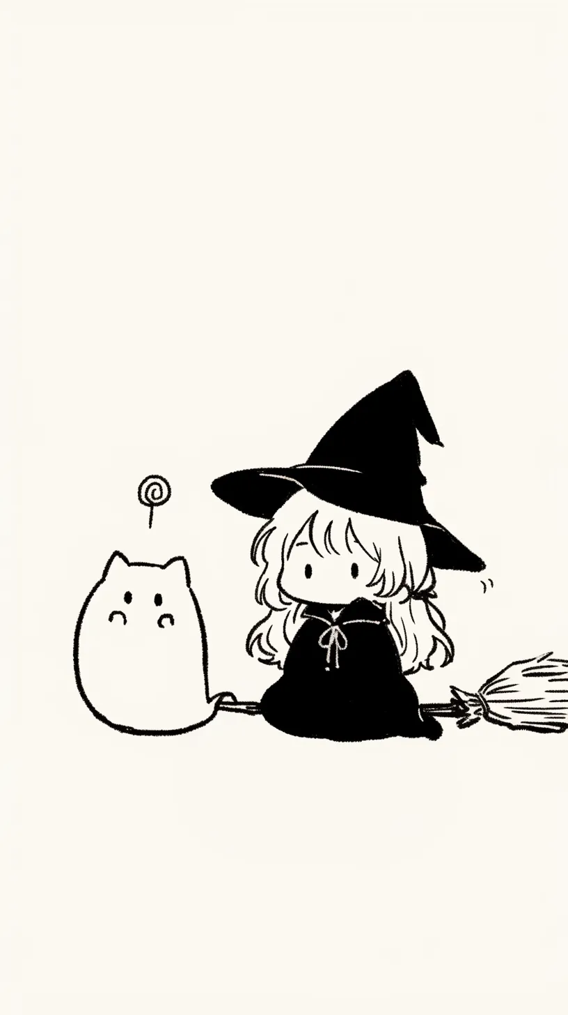 ハロウィンシンプル壁紙 魔女とネコ｜モノクロ調の線画で描かれた小さな魔女と丸い猫の姿が愛らしいハロウィンシンプル壁紙。余白を大きくとった構図がシンプルさを際立たせ、素朴で温かみのある雰囲気を感じさせる点が魅力的。