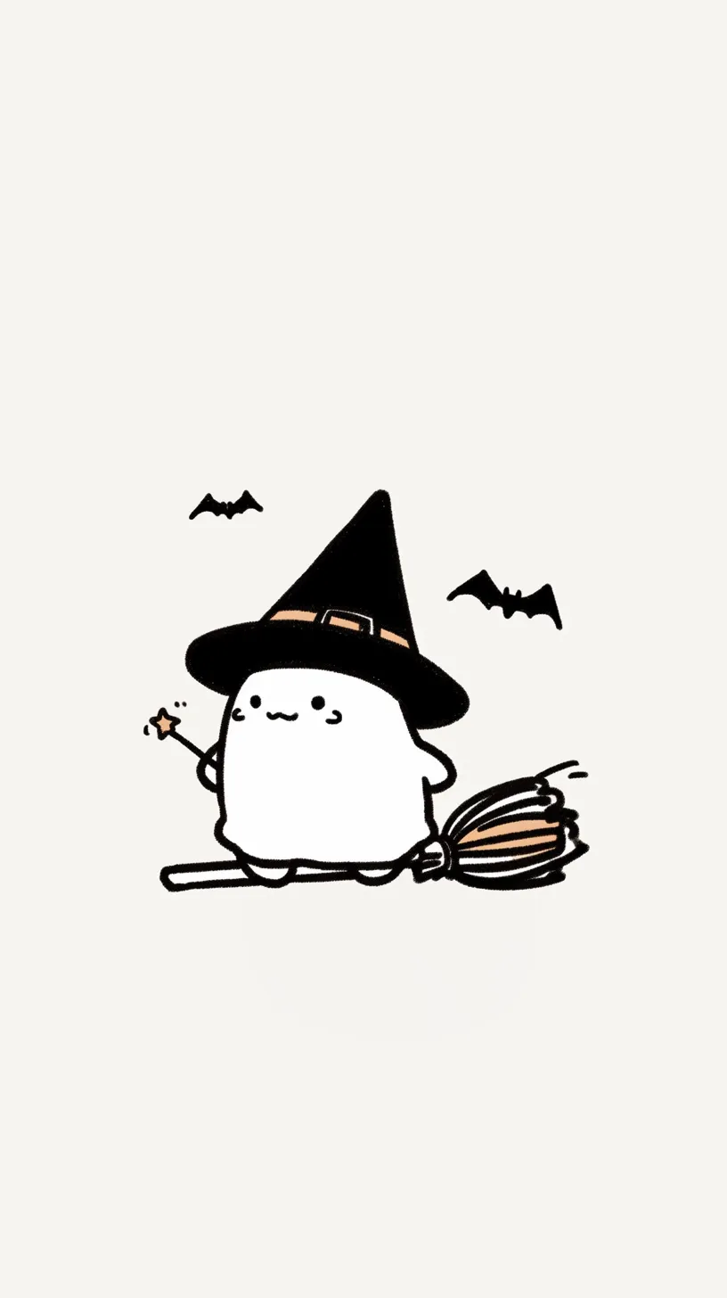 ハロウィンシンプル壁紙 魔法の旅｜小さなキャラクターが魔女帽をかぶり、ほうきにまたがって星の杖を掲げる姿を描いたハロウィンシンプル壁紙。コウモリが飛び交う中、軽やかでユーモラスな雰囲気が広がり、親しみやすさを感じさせる。
