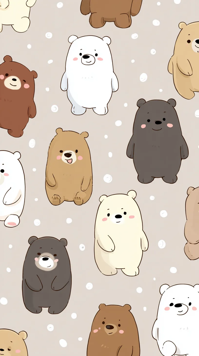 かわいい動物壁紙 くま模様｜さまざまな色合いのクマたちが笑顔で並ぶかわいい動物壁紙。白、茶、黒と多彩なクマがパターン化され、背景の水玉と共に軽やかで楽しい雰囲気を広げる装飾的な構成が魅力となっている。
