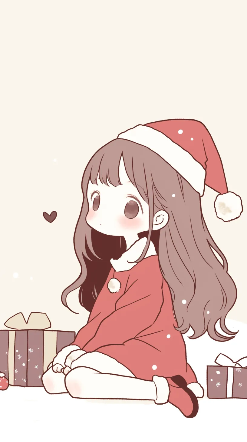 かわいいクリスマス壁紙 サンタの女の子｜赤いサンタ服に身を包んだ女の子がプレゼントに囲まれて微笑む姿が印象的なかわいいクリスマス壁紙。柔らかい色調と雪の粒が舞う描写が、優しく夢見るような雰囲気を漂わせ、温かい空気感を伝えている。