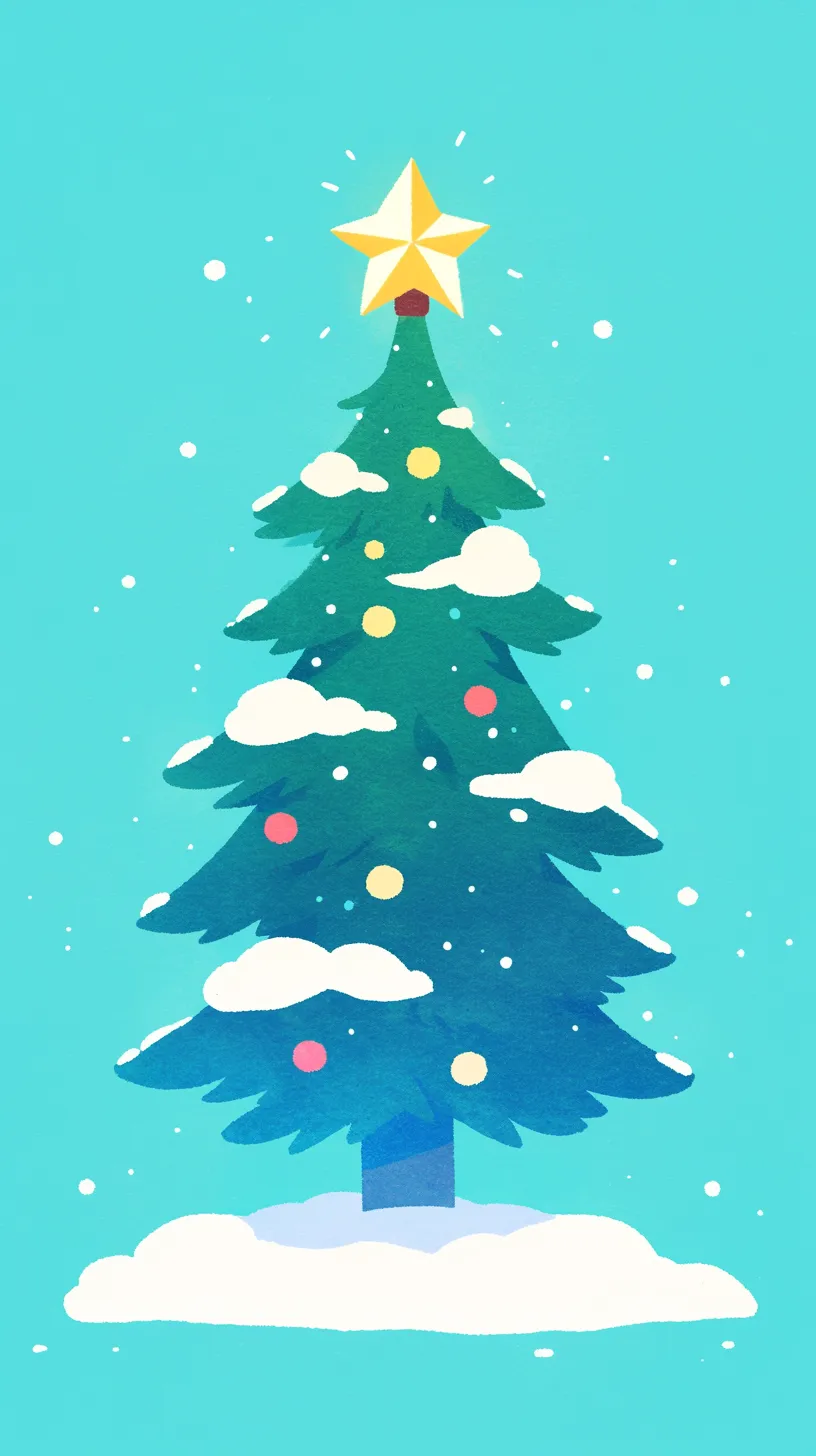 かわいいクリスマス壁紙 星のツリー｜青空を背景に、雪をまとった大きなツリーが立ち、頂点には輝く星が飾られたかわいいクリスマス壁紙。カラフルなオーナメントと雪の舞う表現が冬らしさを際立たせ、鮮やかで清々しい印象を与えている。