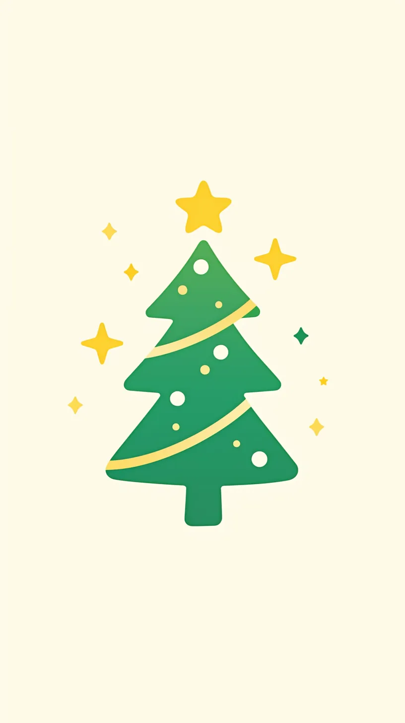 かわいいクリスマス壁紙 シンプルツリー｜淡い背景に描かれた緑のツリーに、黄色のリボンや星が添えられたかわいいクリスマス壁紙。余計な要素を省いたシンプルなデザインが際立ち、明るく親しみやすい雰囲気を醸し出しているのが特徴的。